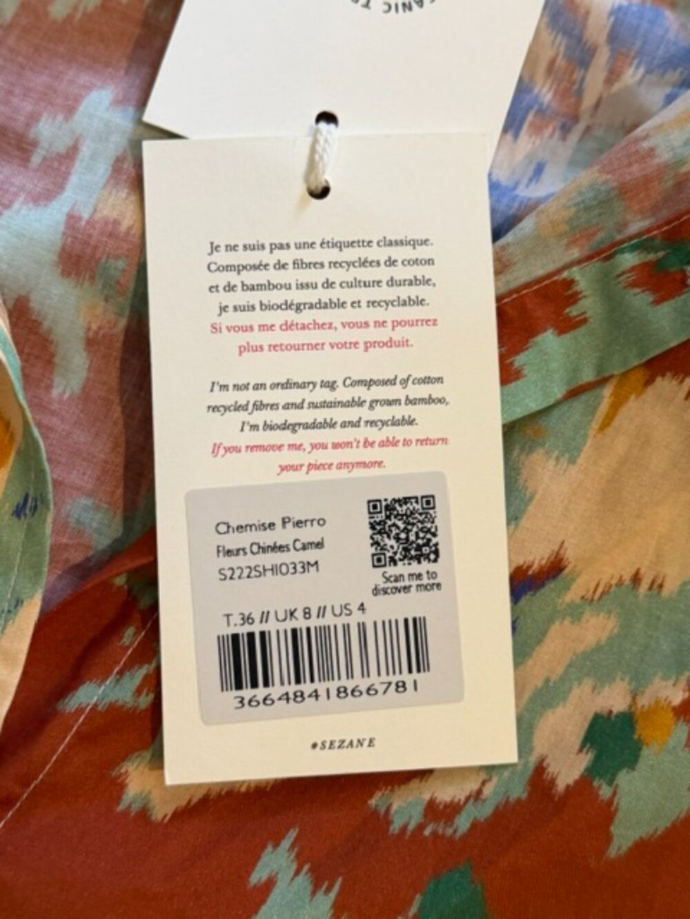 NWT Sézane Pierro Shirt in Fleurs Chinées Camel, Organic Cotton, Size 36 / US 4 - Picture 5 of 6